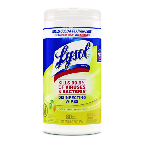 Lysol® Brand Disinfecting Wipes, 1-Ply, 7 X 7.25, Lemon And Lime Blossom, White, 80 Wipes/Canister