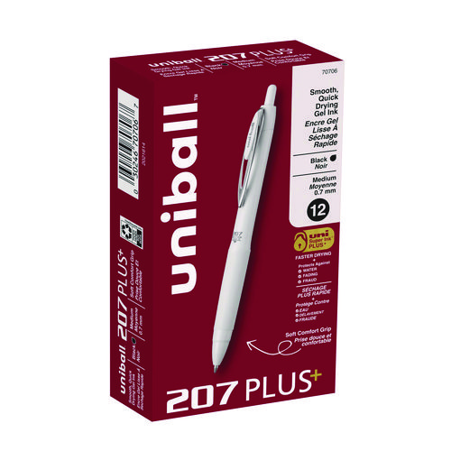 207 Plus+ Gel Pen, Retractable, Medium 0.7 mm, Black Ink, White Barrel, Dozen