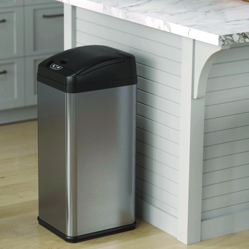 Sensor Trash Can, Rectangular, 13 gal, Plastic/Stainless Steel, Silver