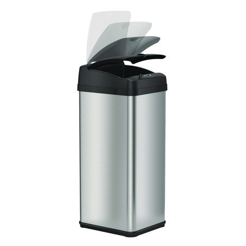 Sensor Trash Can, Rectangular, 13 gal, Plastic/Stainless Steel, Silver