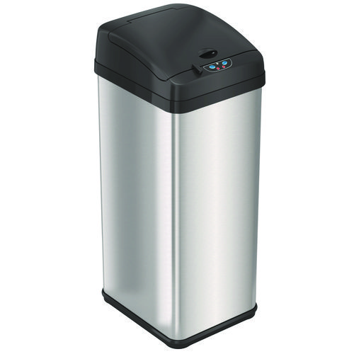 Sensor Trash Can, Rectangular, 13 gal, Plastic/Stainless Steel, Silver