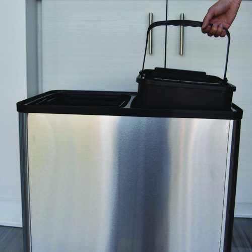 Dual Compartment Sensor Recycle Bin and Trash Can with Wheels, 16 gal, Plastic/Stainless Steel, Silver/Black