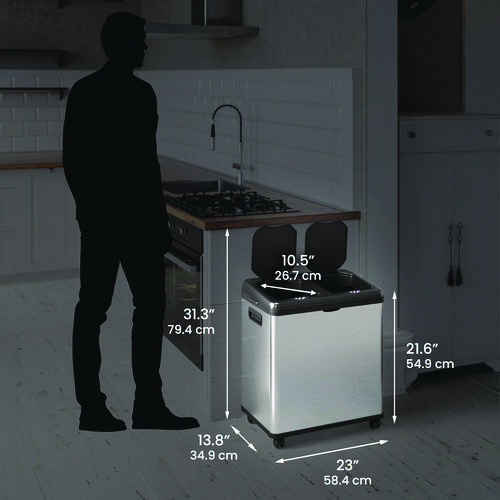 Dual Compartment Sensor Recycle Bin and Trash Can with Wheels, 16 gal, Plastic/Stainless Steel, Silver/Black