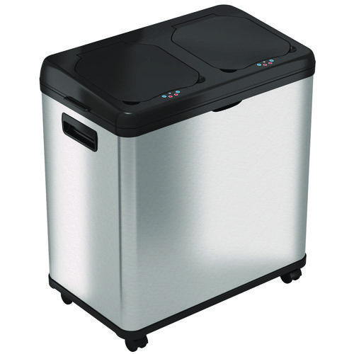 Dual Compartment Sensor Recycle Bin and Trash Can with Wheels, 16 gal, Plastic/Stainless Steel, Silver/Black