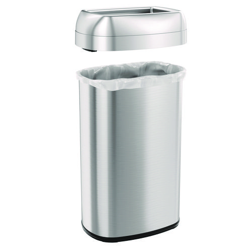 Open Top Trash Can, Oval, 16 gal, Plastic/Stainless Steel, Silver