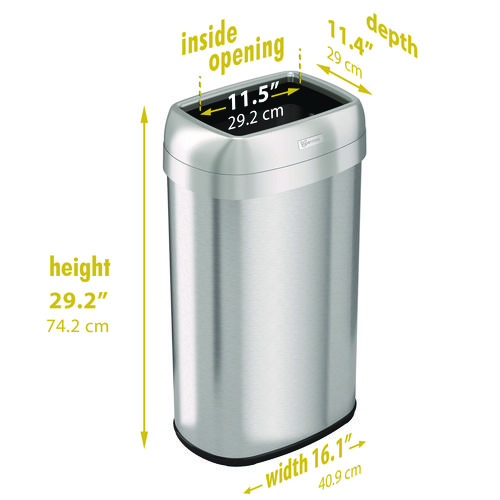 Open Top Trash Can, Oval, 16 gal, Plastic/Stainless Steel, Silver