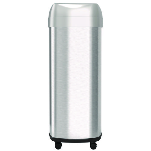 Open Top Trash Can with Wheels, Oval, 16 gal, Plastic/Stainless Steel, Silver