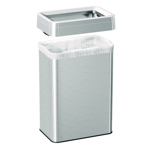 Open Top Trash Can, Rectangular, 16 gal, Plastic/Stainless Steel, Silver