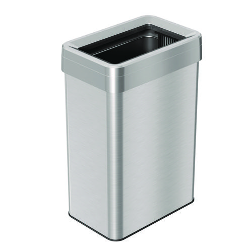 Open Top Trash Can, Rectangular, 16 gal, Plastic/Stainless Steel, Silver