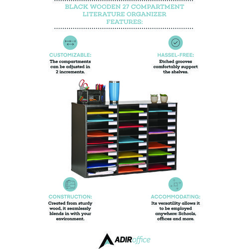 Wooden 27 Compartment Literature Organizer, 27 Sections, Letter Size, 31.49 x 11.81 x 21.65, Black