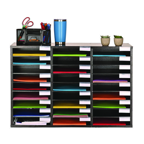 Wooden 27 Compartment Literature Organizer, 27 Sections, Letter Size, 31.49 x 11.81 x 21.65, Black