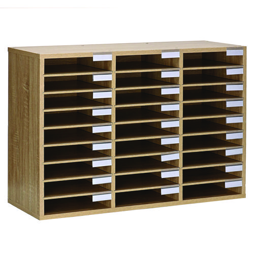 Wooden 27 Compartment Literature Organizer, 27 Sections, Letter Size, 31.49 x 11.81 x 21.65, Medium Oak