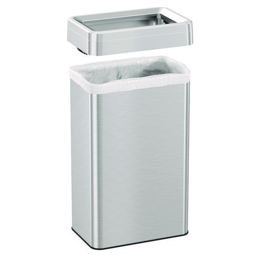 Open Top Trash Can, Rectangular, 18 gal, Plastic/Stainless Steel, Silver