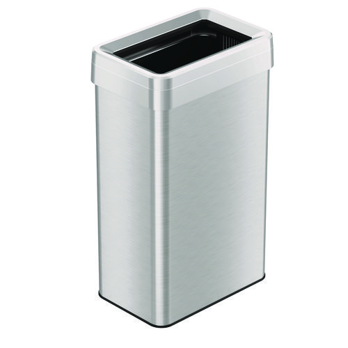 Open Top Trash Can, Rectangular, 18 gal, Plastic/Stainless Steel, Silver