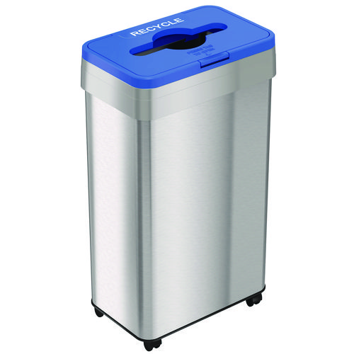 Open Top Recycling Bin with Wheels and Color-Coded Lid, 21 gal, Plastic/Stainless Steel, Silver/Blue