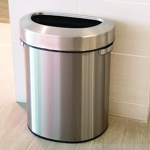 Open Top Trash Can, Half-Round, 18 gal, Plastic/Stainless Steel, Silver