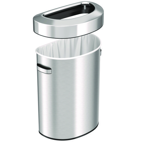 Open Top Trash Can, Half-Round, 18 gal, Plastic/Stainless Steel, Silver