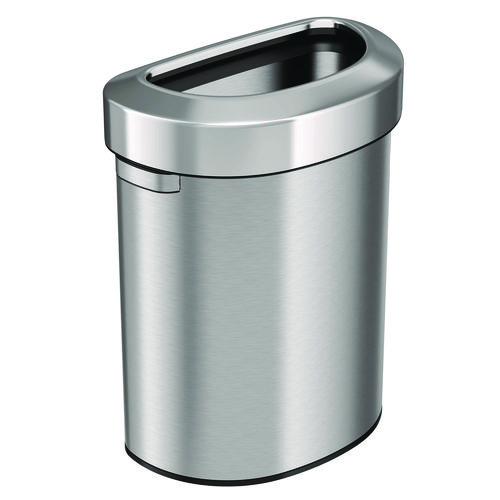 Open Top Trash Can, Half-Round, 18 gal, Plastic/Stainless Steel, Silver