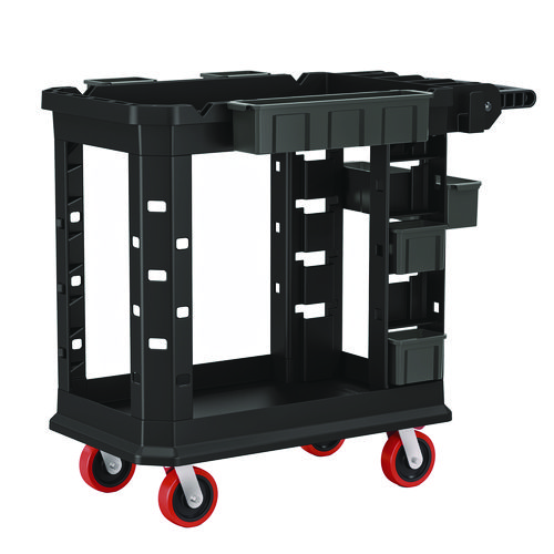 Heavy Duty Plus Utility Cart, Plastic, 2 Shelves, 6 Bins, 500 lb Capacity, 19.5" x 41.78" x 34.81", Black