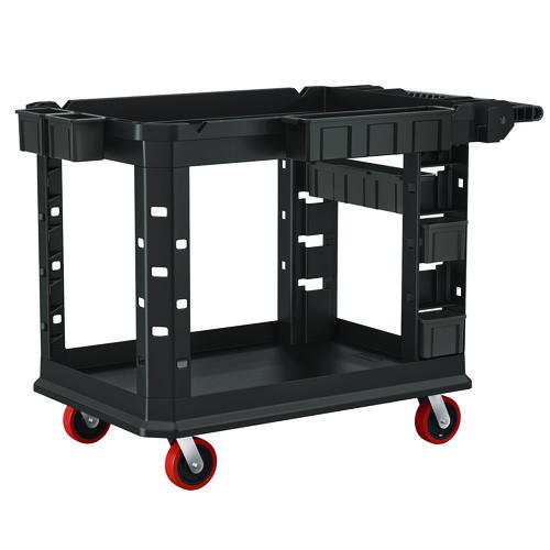 Heavy Duty Plus Utility Cart, Plastic, 2 Shelves, 6 Bins, Capacity, 26.5" x 48.78" x 34.81", Black