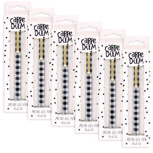 Carpe Diem Metal Gel Pen, Stick, Medium 0.7 mm, Black Ink, Black/White Check Barrel, 6/Pack