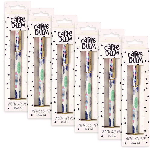 Carpe Diem Metal Gel Pen, Stick, Medium 0.7 mm, Black Ink, White/Blue/Green Feather Barrel, 6/Pack