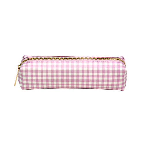 Pencil Case, 7.9" x 2" x 2", Pink/White Check