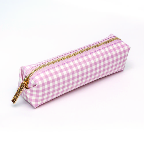 Pencil Case, 7.9" x 2" x 2", Pink/White Check