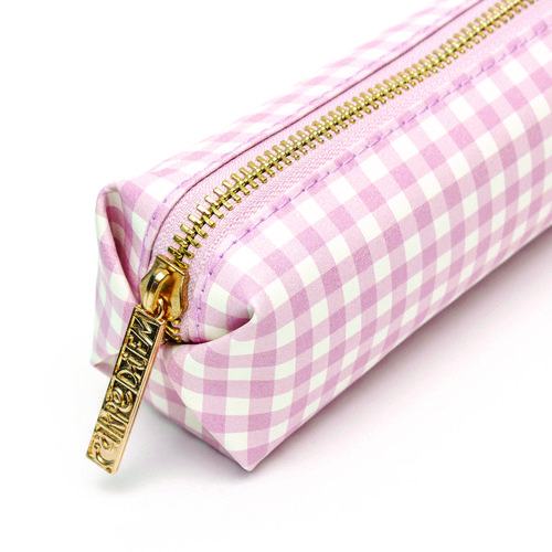 Pencil Case, 7.9" x 2" x 2", Pink/White Check