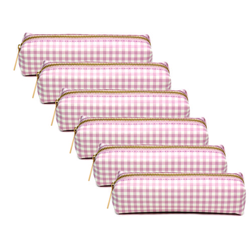 Pencil Case, 7.9" x 2" x 2", Pink/White Check