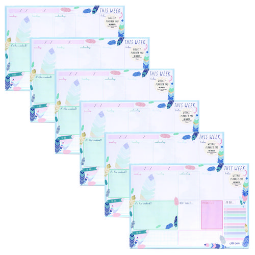 Weekly Planner Pad, Feathers, 11.7 x 8.3, Blue/Cream/Pink Cover, 12-Month, Undated, 6/Pack