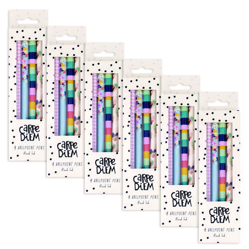 Carpe Diem Ballpoint Pen, Stick, Medium 0.7 mm, Black Ink, Assorted Ditzy Floral Barrel Patterns 4 Pens/Pack, 6 Packs/Box