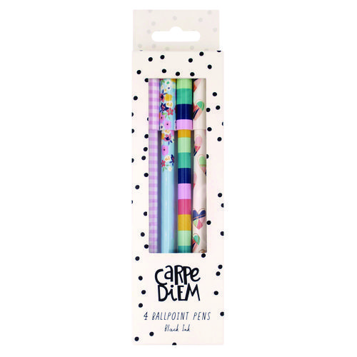 Carpe Diem Ballpoint Pen, Stick, Medium 0.7 mm, Black Ink, Assorted Ditzy Floral Barrel Patterns 4 Pens/Pack, 6 Packs/Box