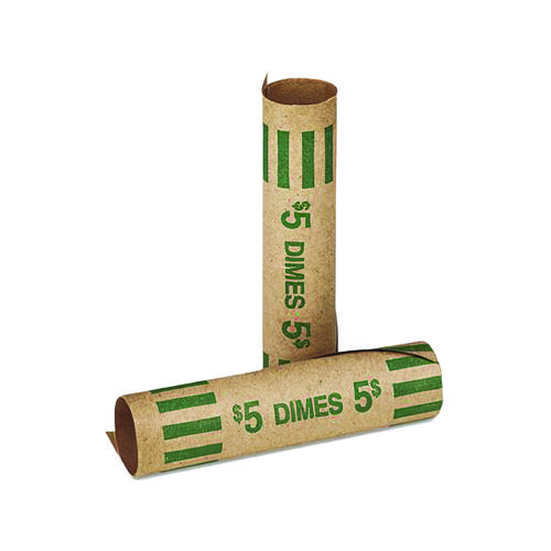 Gunshell Crimped-End Coin Wrapper, Dimes, $5.00, Kraft/Green, 1,000/Carton