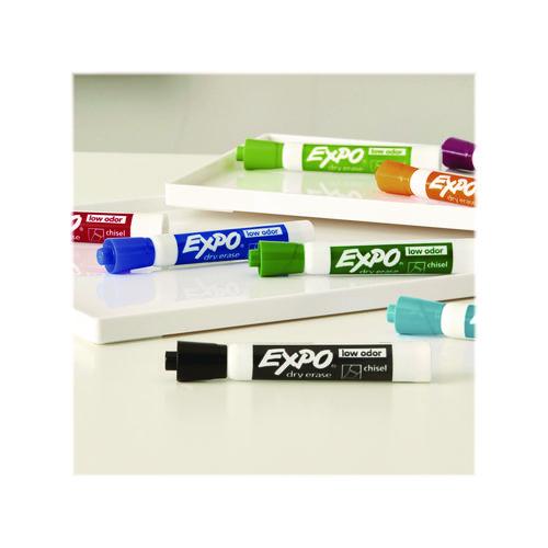 SAN1930717 - The EXPO® low-odor dry-erase marker set includes a range of chisels, fine and ultrafine whiteboard markers with specially formulated low-odor ink. The whiteboard set also includes an EXPO® eraser that helps remove ghosting, stubborn marks, shadowing, grease and dirt from whiteboards. Marker Ink Type: Dry Erase; Marker Tip Type: Assorted; Marker Tip Type Assortment: (4) Chisel; (2) Fine; (2) Ultra-Fine; Marker Color(s): Assorted.