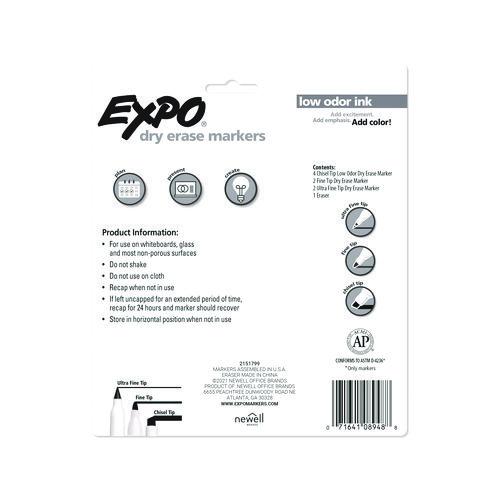 SAN1930717 - The EXPO® low-odor dry-erase marker set includes a range of chisels, fine and ultrafine whiteboard markers with specially formulated low-odor ink. The whiteboard set also includes an EXPO® eraser that helps remove ghosting, stubborn marks, shadowing, grease and dirt from whiteboards. Marker Ink Type: Dry Erase; Marker Tip Type: Assorted; Marker Tip Type Assortment: (4) Chisel; (2) Fine; (2) Ultra-Fine; Marker Color(s): Assorted.