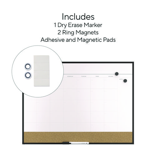 Magnetic Steel Dry Erase Combo Board, Monthly Planning/Scheduling, 23" x 17", White/Natural Surface, Black Aluminum Frame