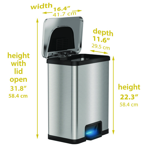 Step Pedal-Sensor Trash Can, 13 gal, Plastic/Stainless Steel, Silver/Black