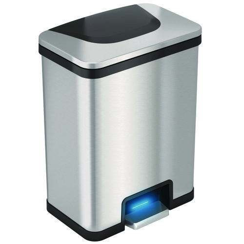 Step Pedal-Sensor Trash Can, 13 gal, Plastic/Stainless Steel, Silver/Black