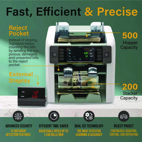 Signature Mixed Denomination Counter, 1,200 Bills/min, 10.5 x 11.7 x 10.5, Light Gray