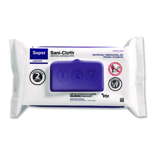 Super Sani-Cloth Germicidal Disposable Wipes, Large, 1-Ply, 8.2 x 9.8, Unscented, White, 80/Pack