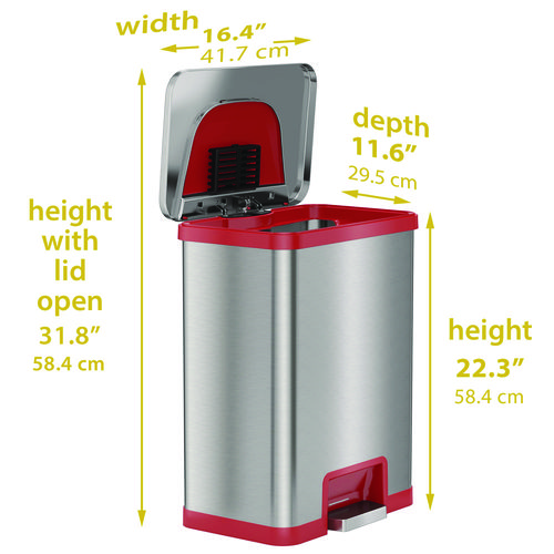 Step Pedal-Sensor Trash Can, 13 gal, Plastic/Stainless Steel, Silver/Red