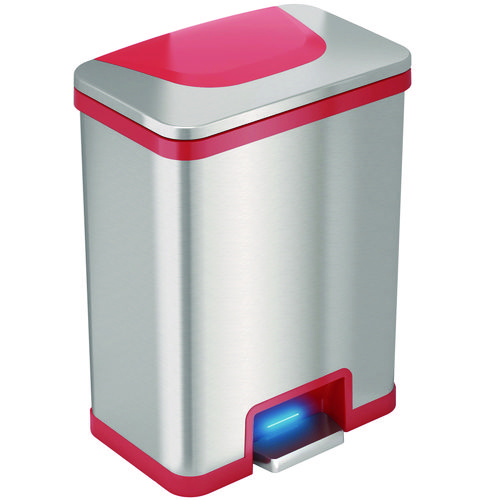 Step Pedal-Sensor Trash Can, 13 gal, Plastic/Stainless Steel, Silver/Red