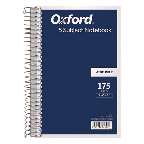 Wirebound Five-Subject Notebook, Wide/Legal Rule, Navy Cover, (175) 9.5 x 6 Sheets