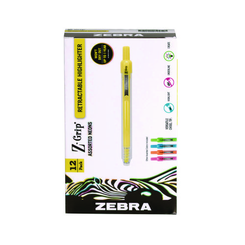 Z-Grip Retractable Highlighter Markers, Assorted Neon Ink, Chisel Tip, Assorted Neon Barrel, Dozen