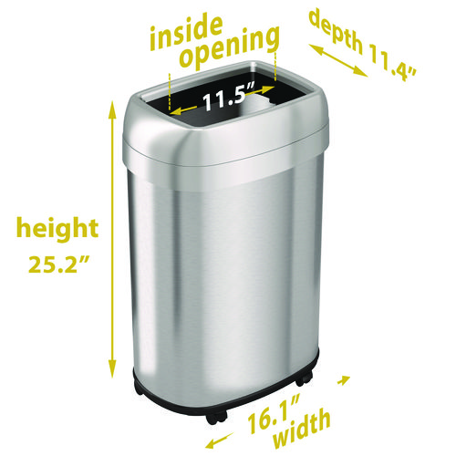 Open Top Trash Can with Wheels, Oval, 13 gal, Plastic/Stainless Steel, Silver