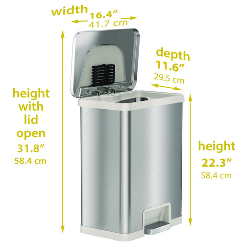 Step Pedal-Sensor Trash Can, 13 gal, Plastic/Stainless Steel, Silver/White