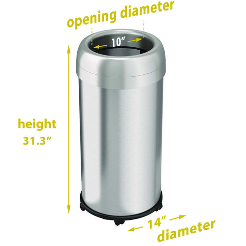 Open Top Trash Can with Wheels, Round, 16 gal, Plastic/Stainless Steel, Silver