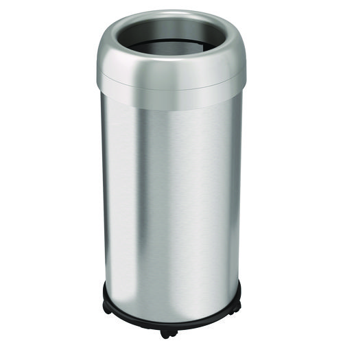 Open Top Trash Can with Wheels, Round, 16 gal, Plastic/Stainless Steel, Silver