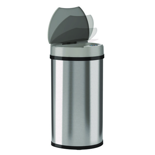 Sensor Trash Can, Half-Round Cylinder, 13 gal, Plastic/Stainless Steel, Silver